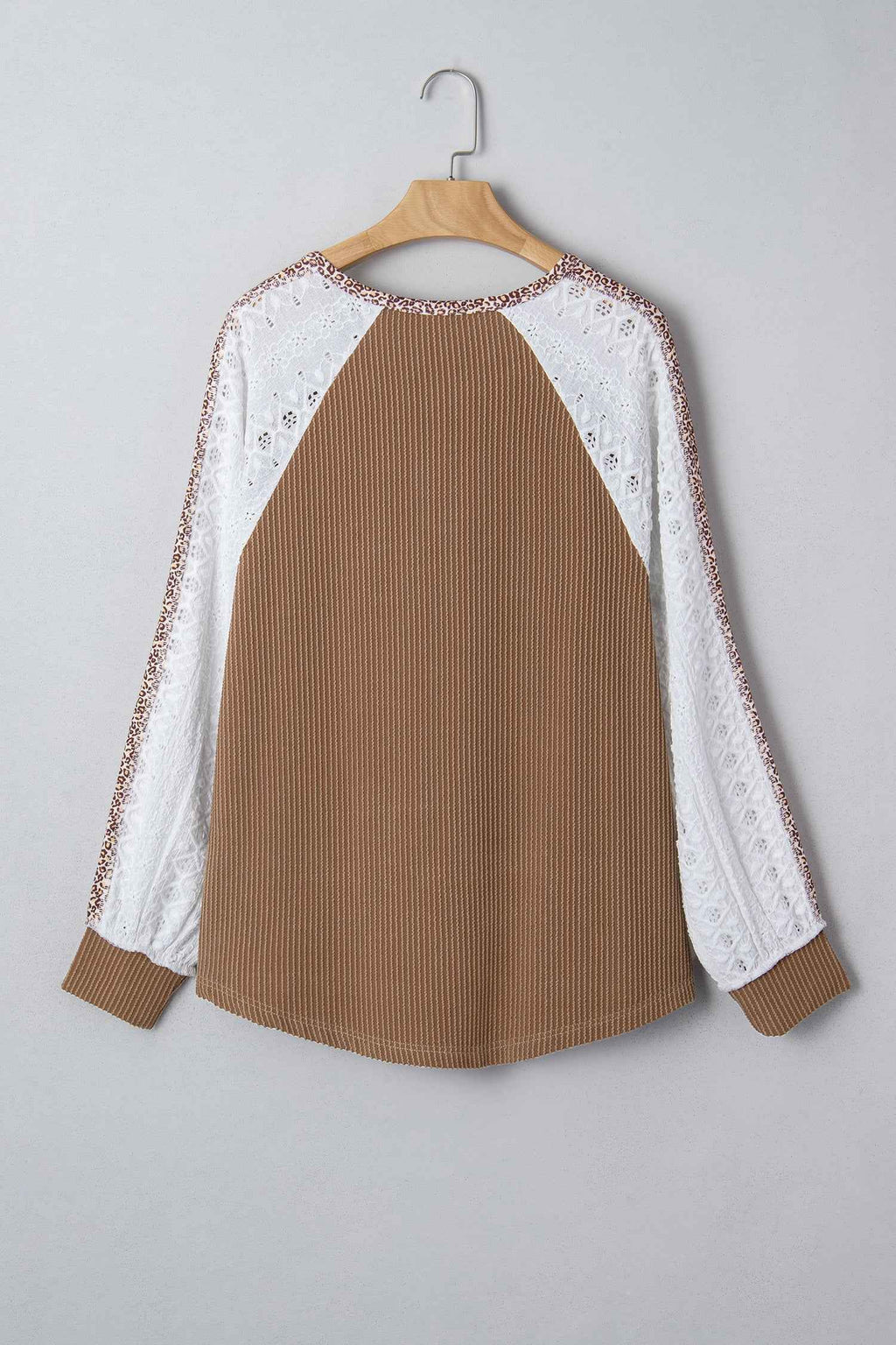 Dark Khaki Twisted Ribbed Leopard Lace Contrast Patchwork Long Sleeve Top