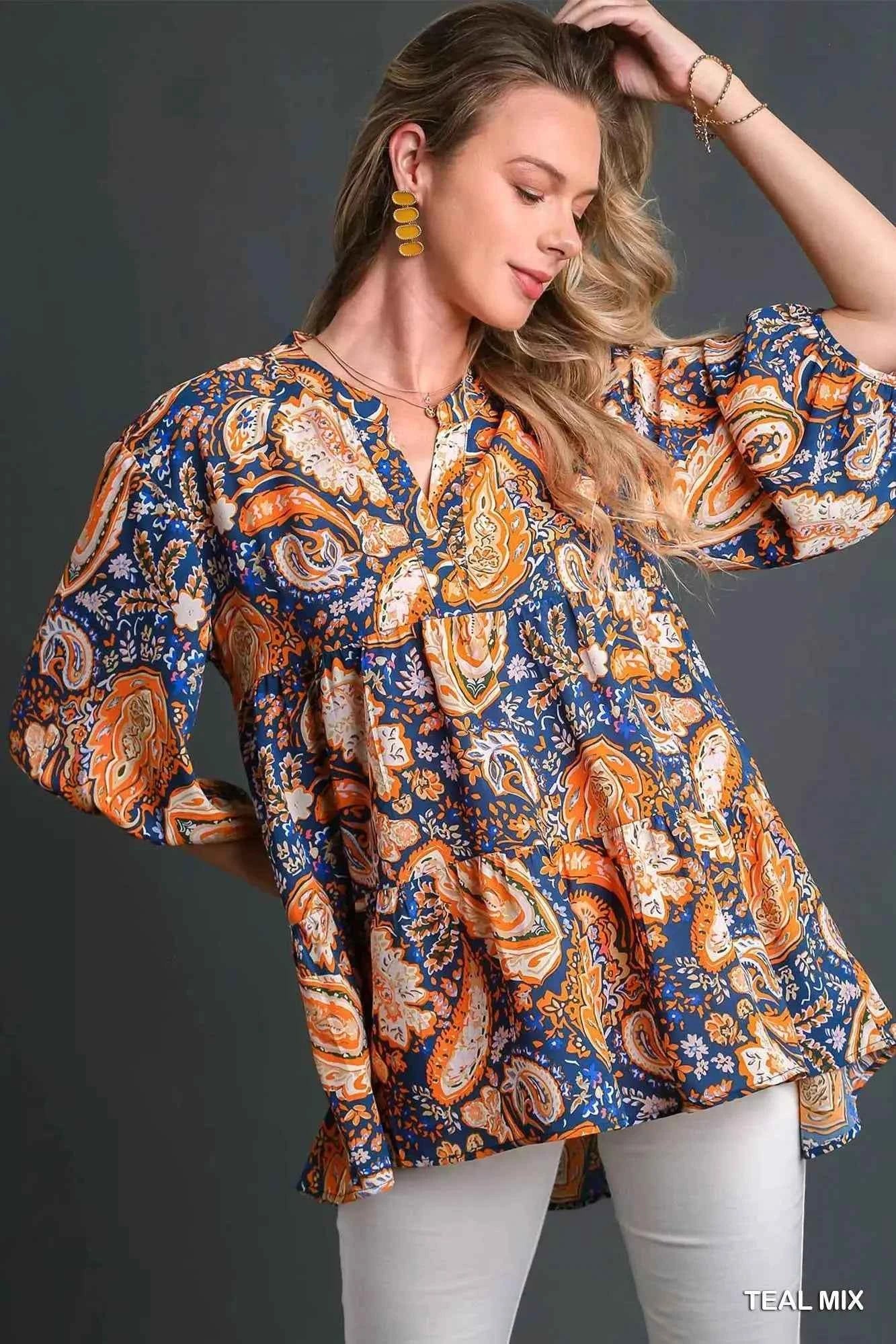 Umgee Mix Paisley Boho Tunic Blouse