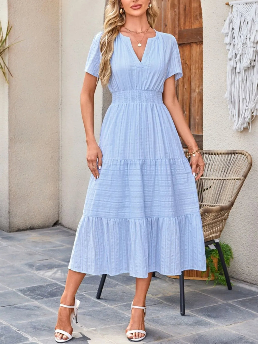 Tiered Notched Short Sleeve Dress by Shopiebay