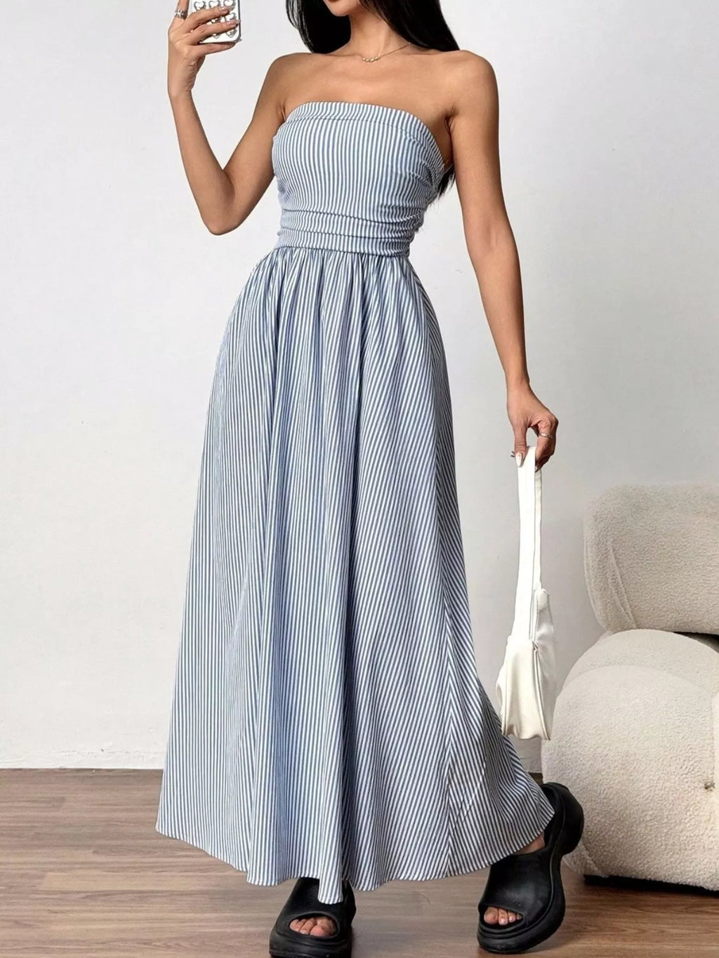 Striped Strapless Casual Maxi Dress by Shopiebay