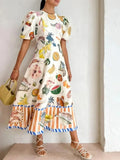 Printed Round Neck Puff Sleeve Dress by Shopiebay
