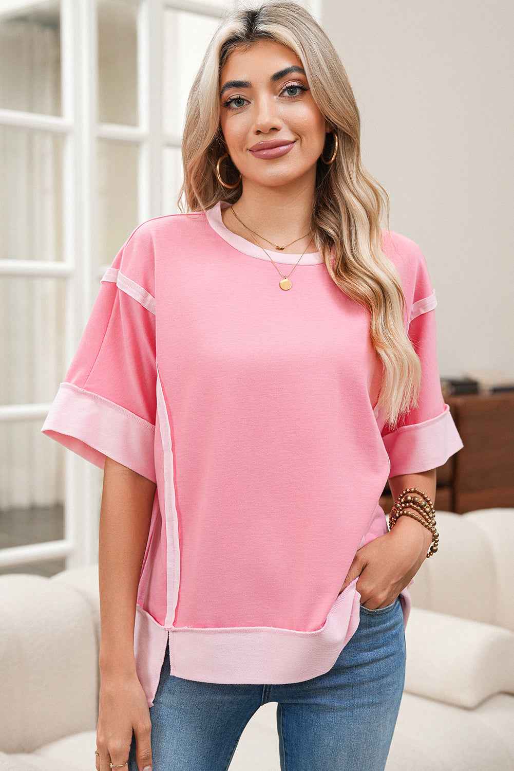 Peach Blossom Half Sleeve Raw Seam High Low Side Split Top