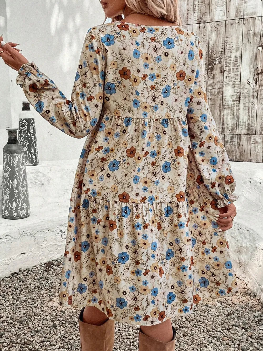 Tiered Floral Round Neck Long Sleeve Dress by Shopiebay