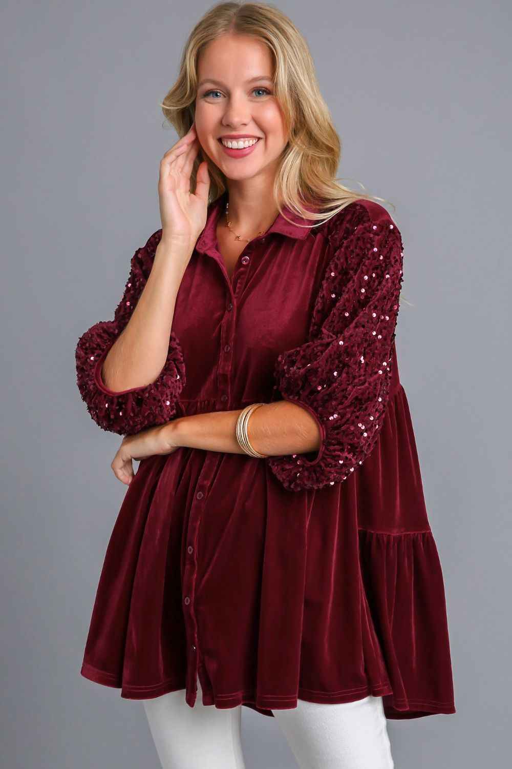 Umgee Sequin Detail Tiered Back Half Sleeve Shirt