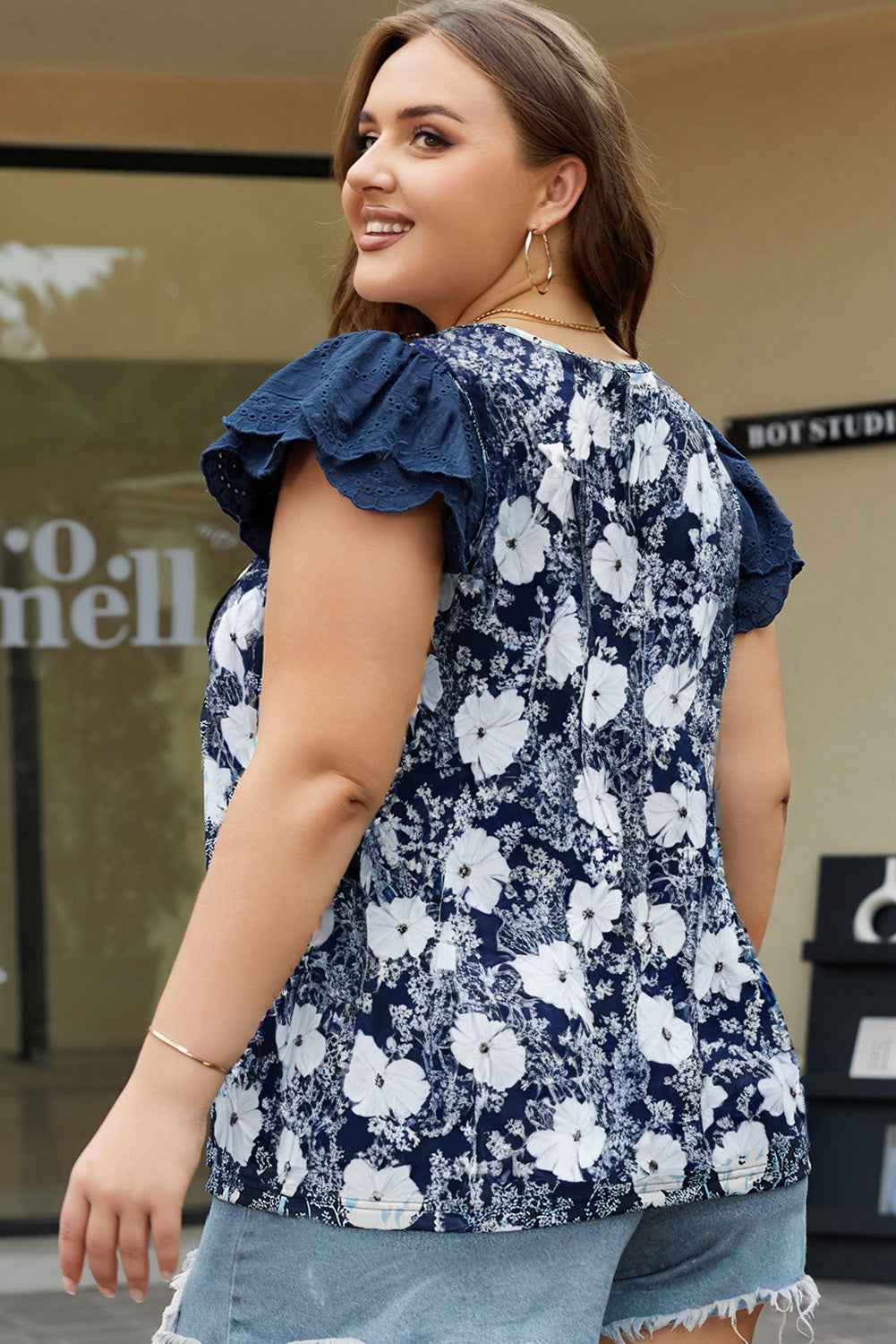 Blue Floral Print Square Neck Lace Patchwork Sleeve Blouse