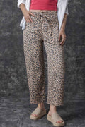 Khaki Leopard Printed Drawstring Elastic Waistband Pocketed Barrel Jeans