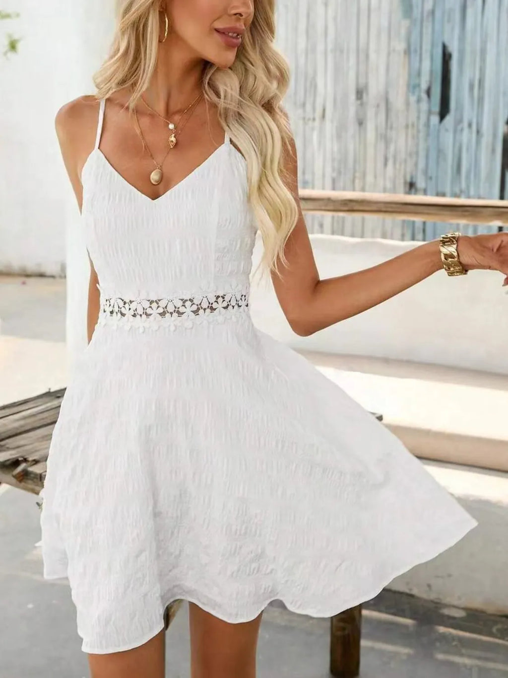 Lace Detail V-Neck Mini Cami Dress by Shopiebay