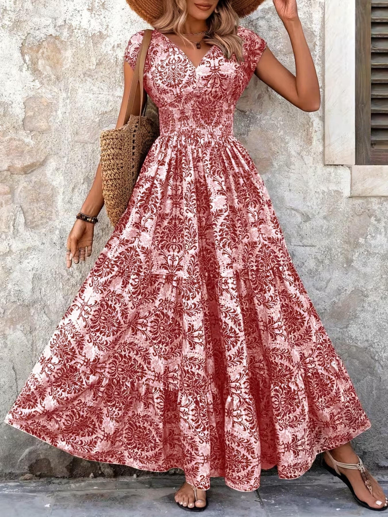 Printed Cap Sleeve Maxi Dress by Shopiebay
