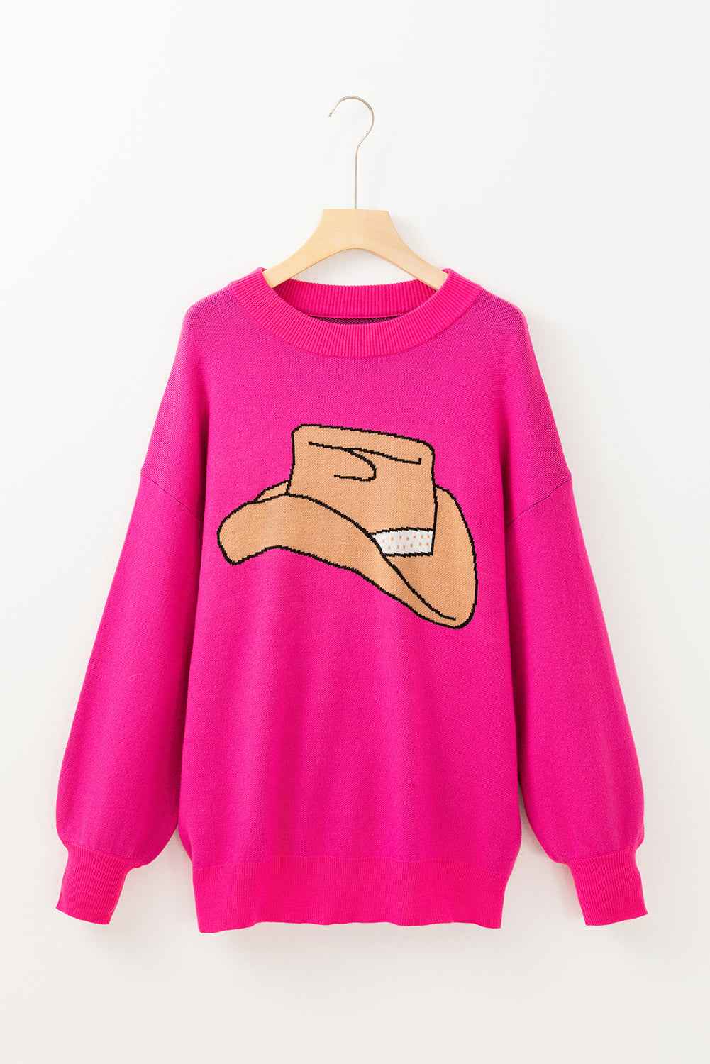 Rose Red YEEHAW Cowboy Hat Drop Shoulder Oversized Sweater