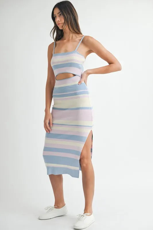 MABLE Multi Color Striped Front Cutout Knit Midi Dress by Selvanelle