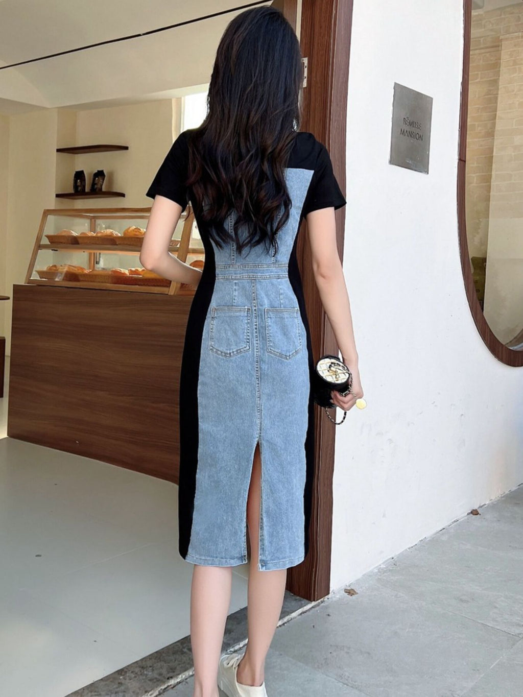 Full Size Denim Patchwork Short Sleeve Slit Back Dress Plus Size by Shopiebay