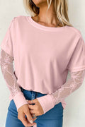 Light Pink Solid Color Bow Textured Patchwork Long Sleeve Tee