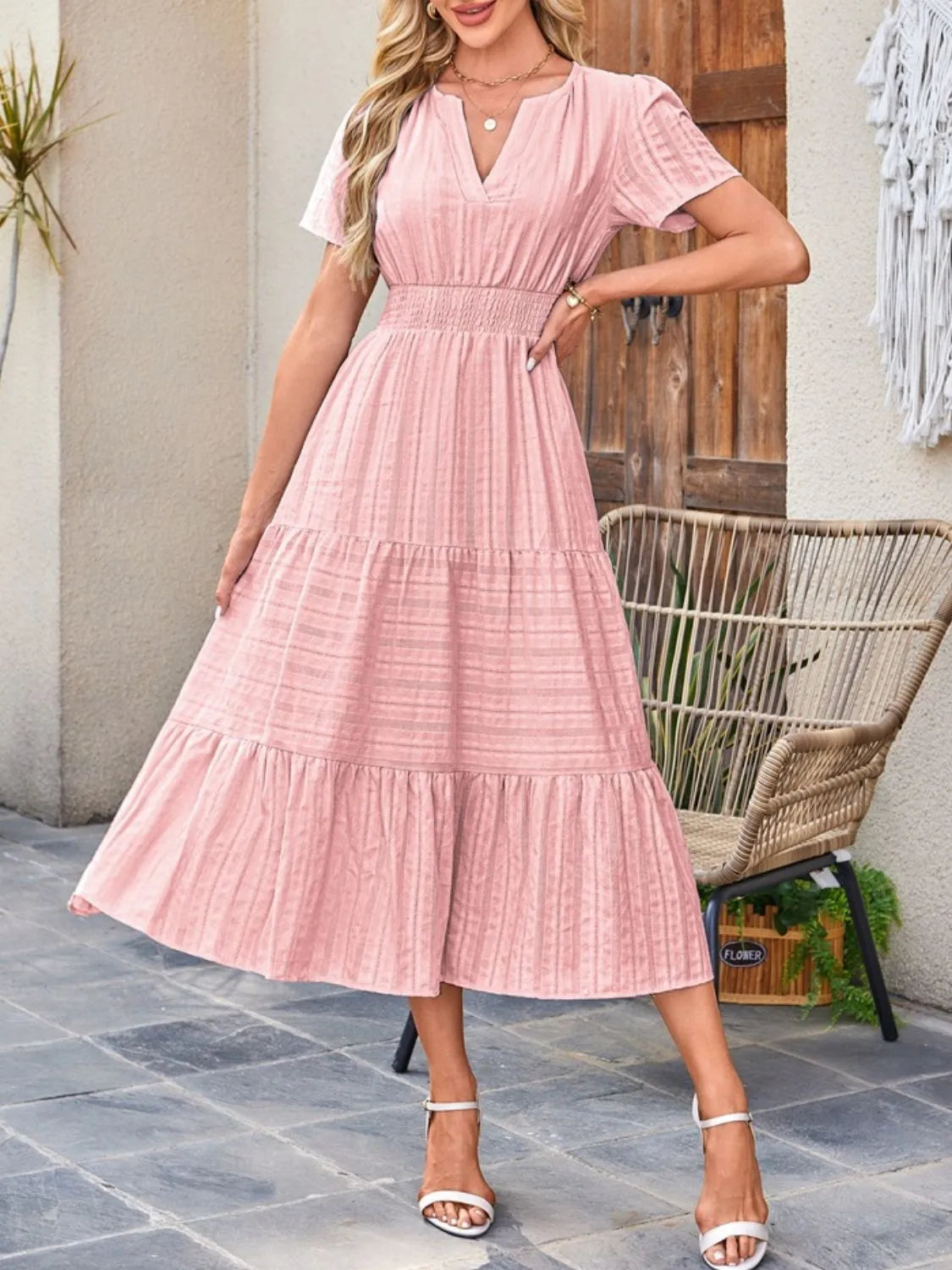 Tiered Notched Short Sleeve Dress by Shopiebay