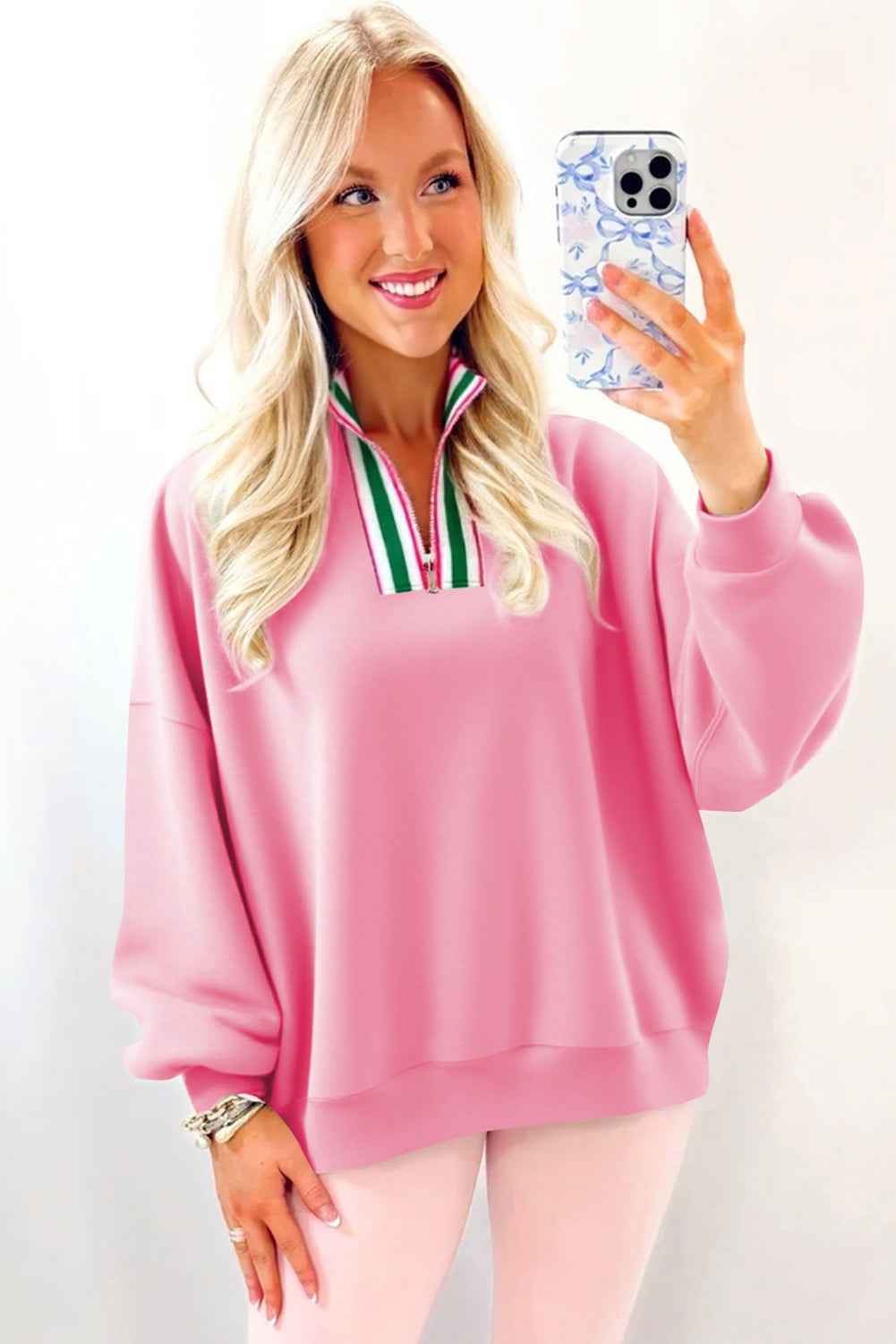 Sachet Pink Pop of Color Collared Patchwork Pullover Sweatshirt