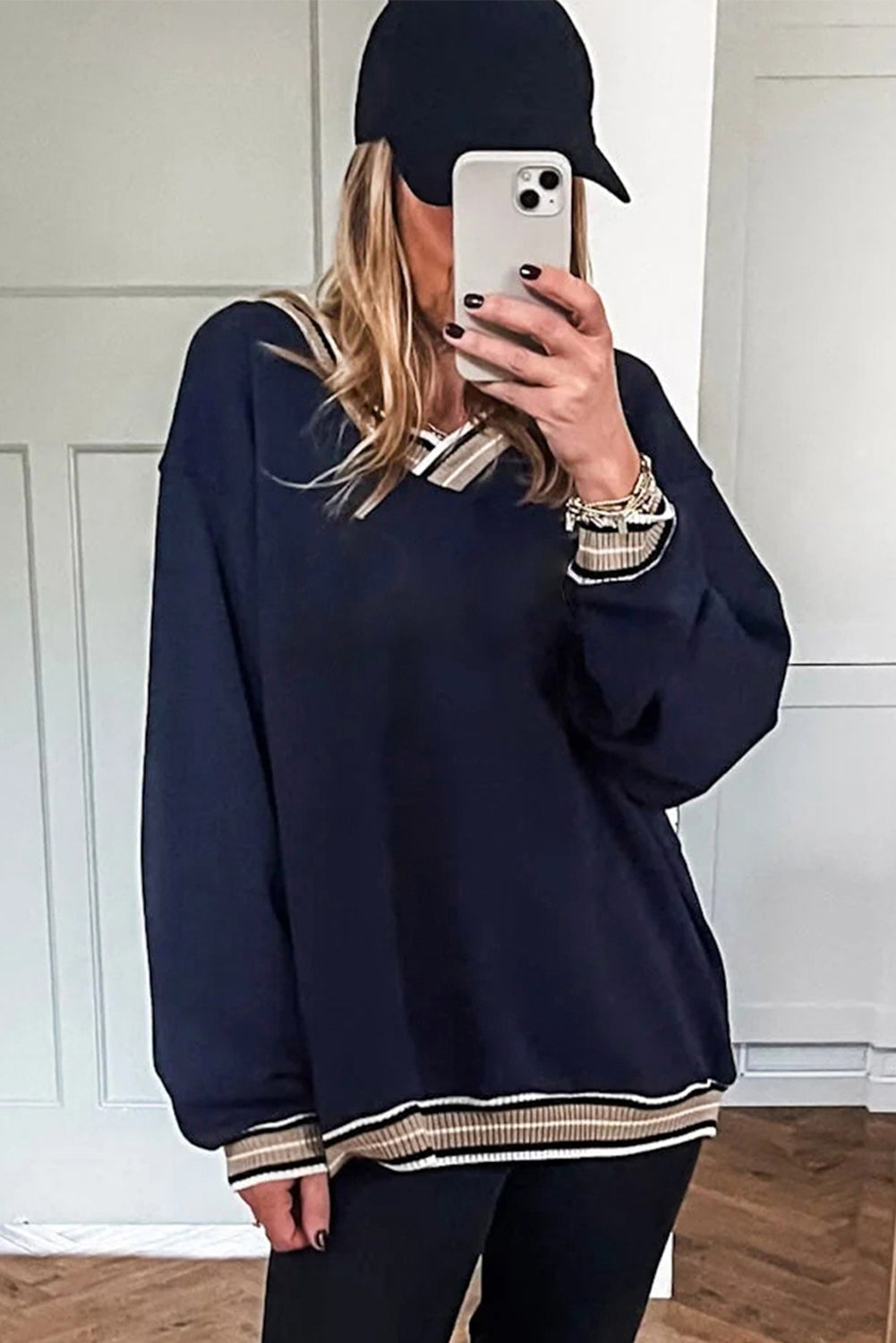 Gray Varsity Contrast Trim V Neck Sweatshirt