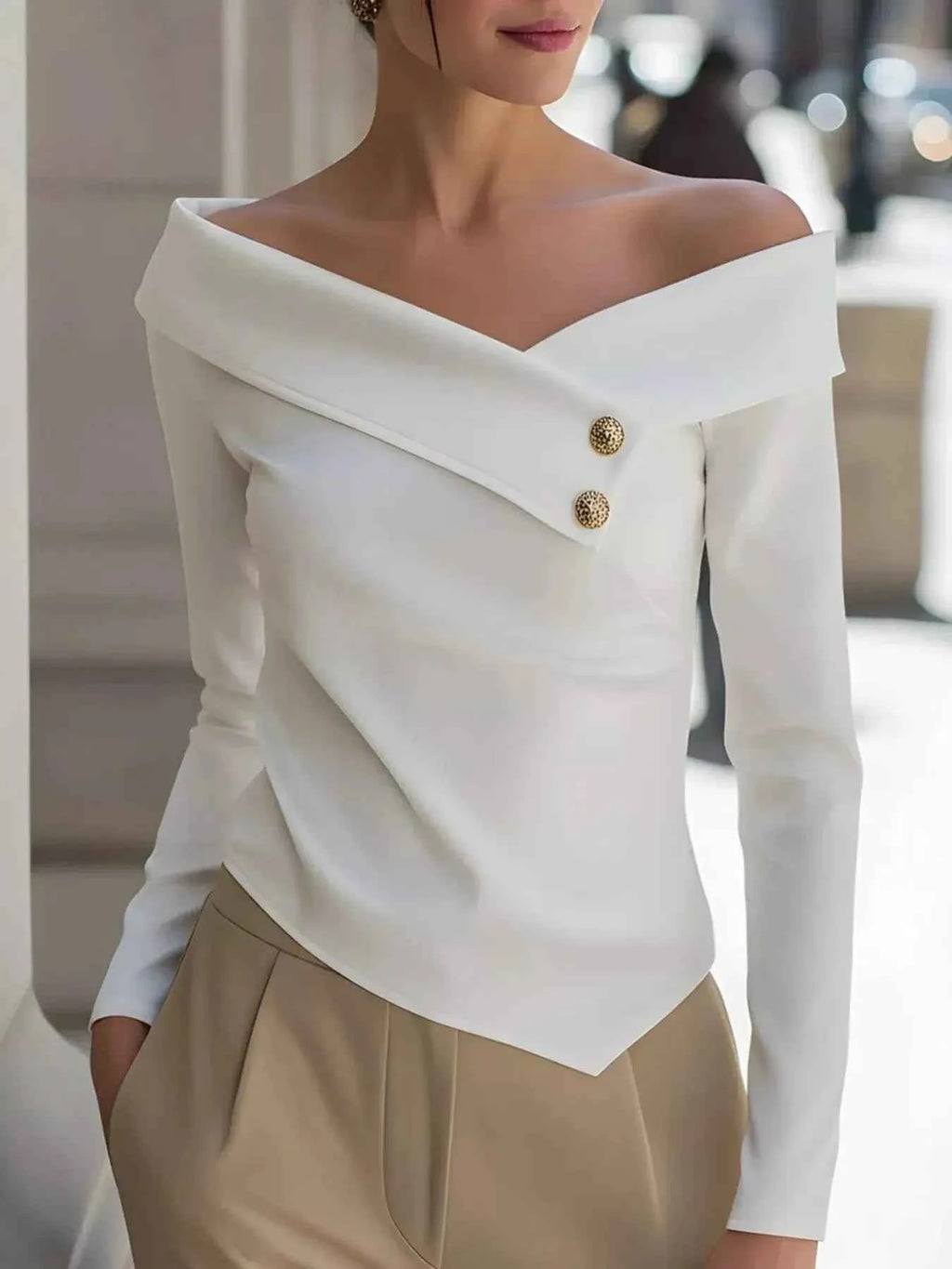 Decorative Button Off Shoulder Blouse