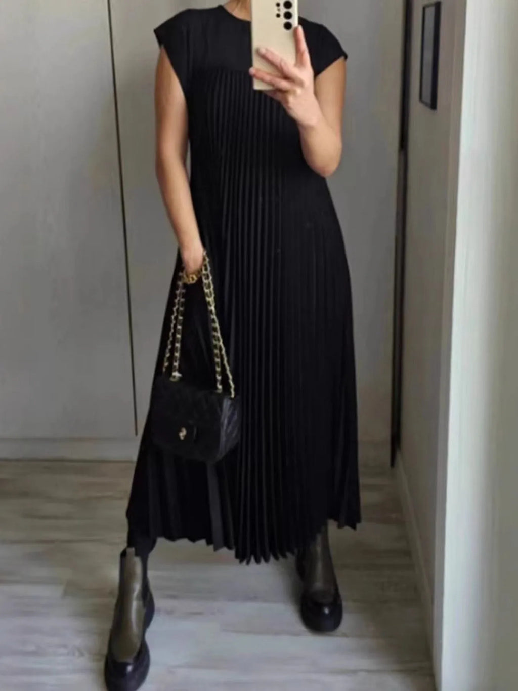 Pleated Round Neck Maxi Dress by Shopiebay
