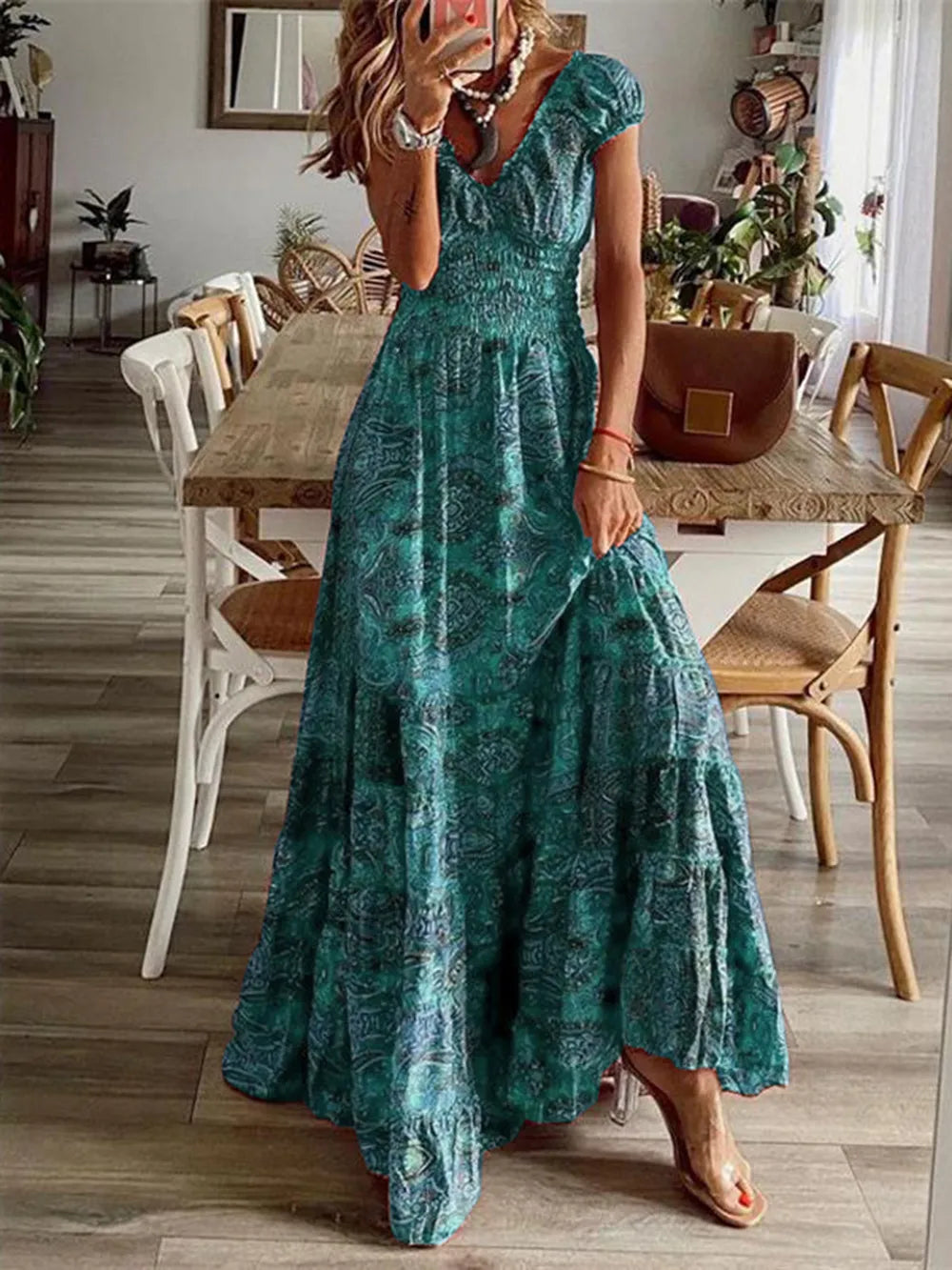 Smocked Printed V-Neck Short Sleeve Dress by Shopiebay