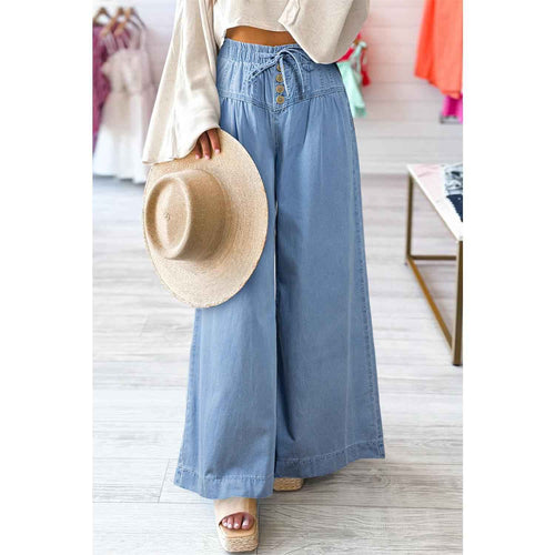 Beau Blue Mineral Wash Button Fly Waist Wide Leg Jeans by Wild and Free Boutique