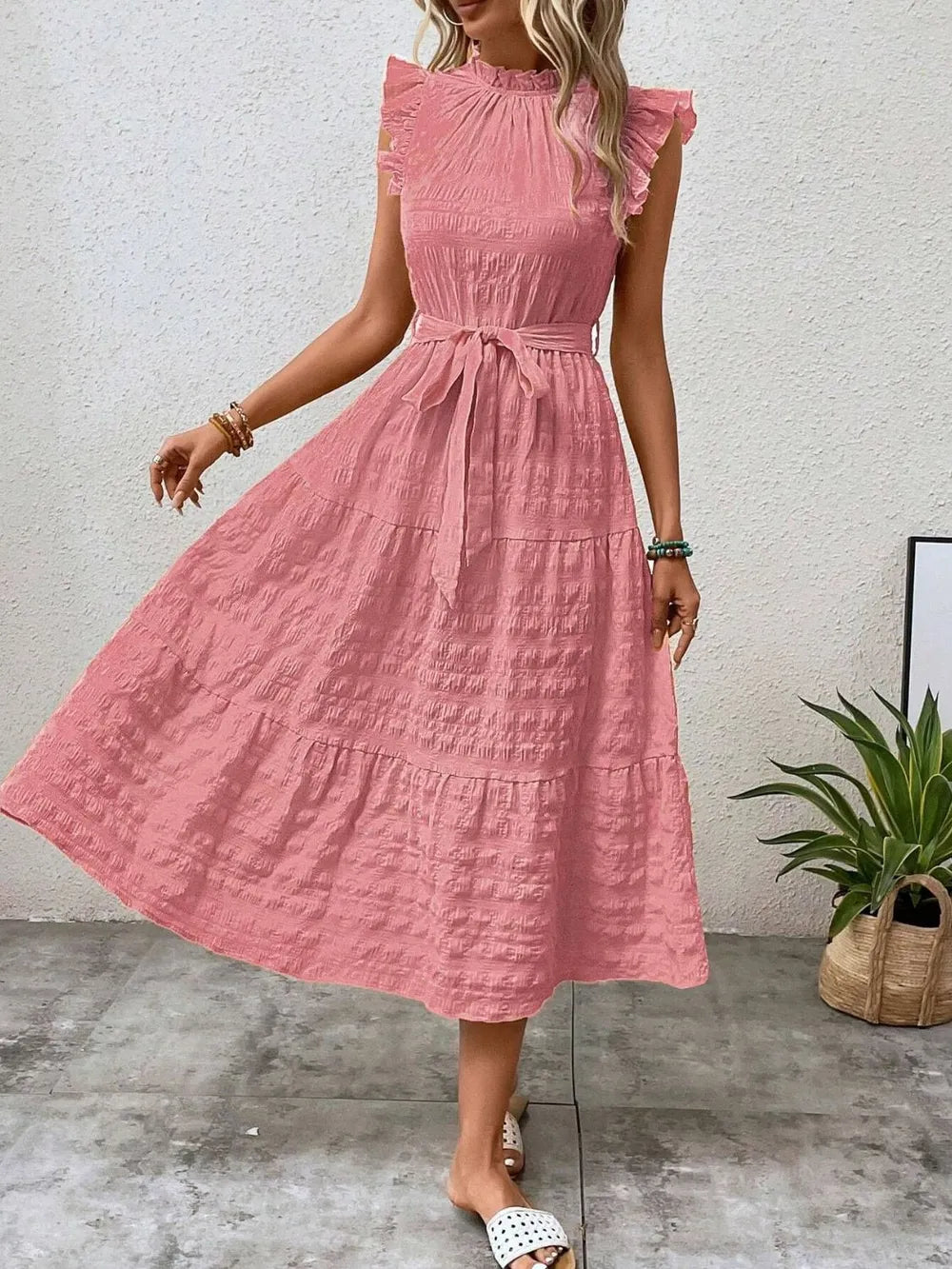 Tied Ruffled Cap Sleeve Midi Dress by Shopiebay