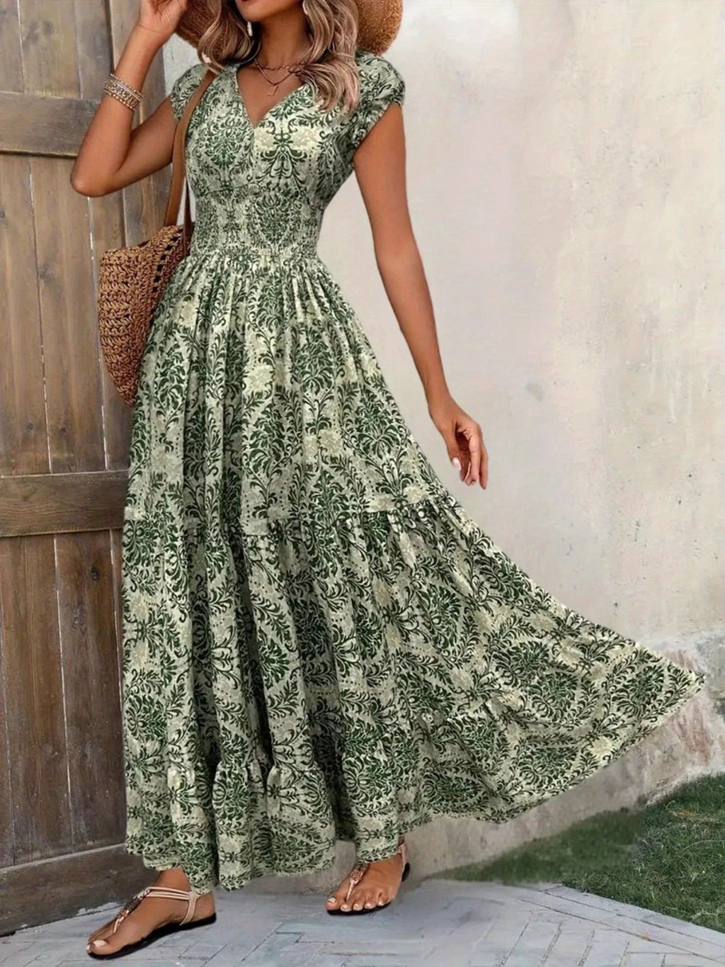 Printed Cap Sleeve Maxi Dress by Shopiebay