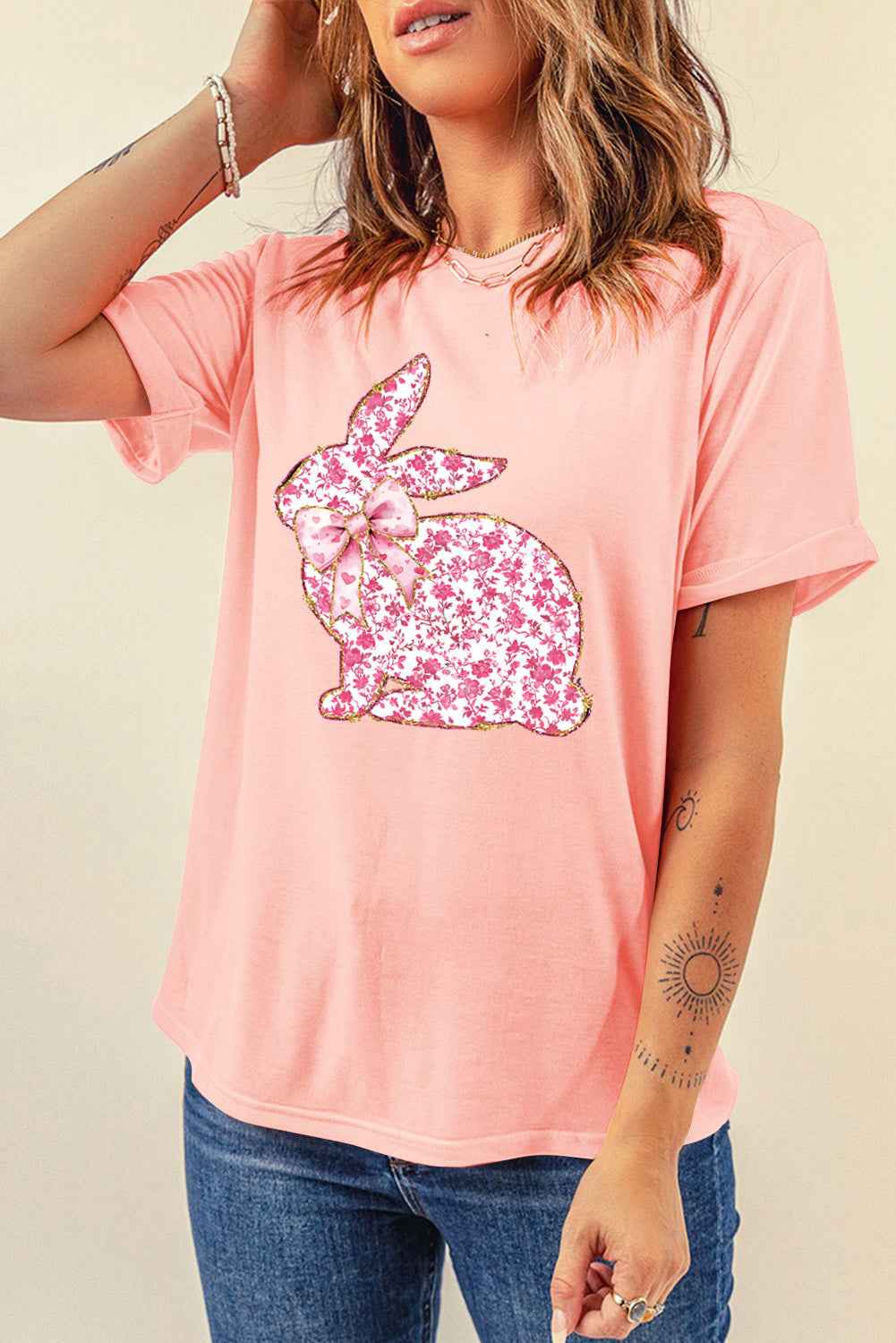 Pink Floral Bow Bunny Graphic Tee
