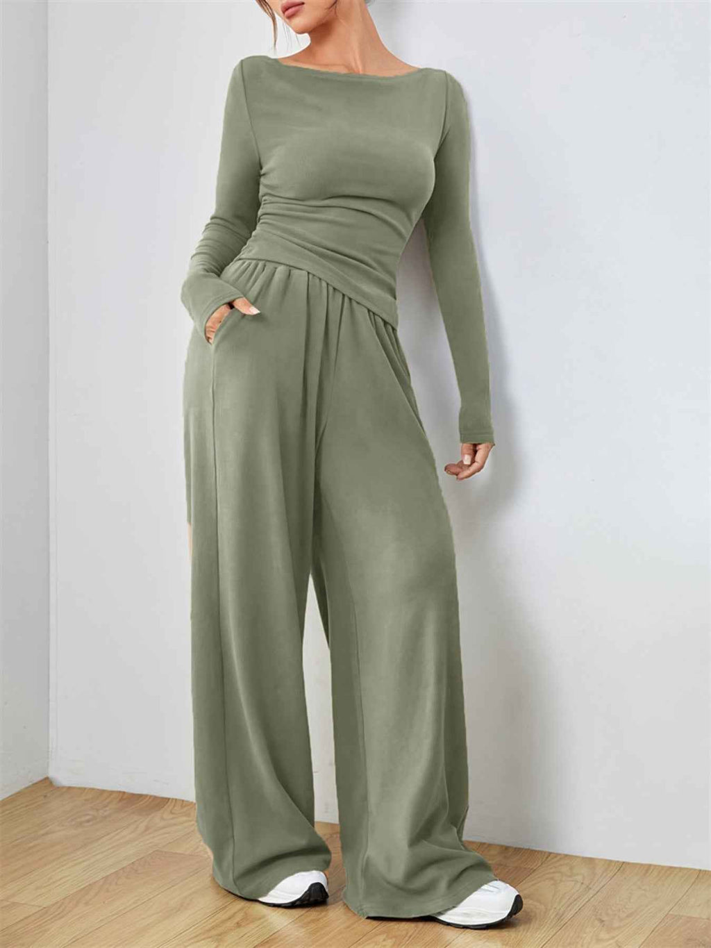 Casual Long Sleeve Top & Wide Leg Pants Set
