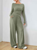 Casual Long Sleeve Top & Wide Leg Pants Set