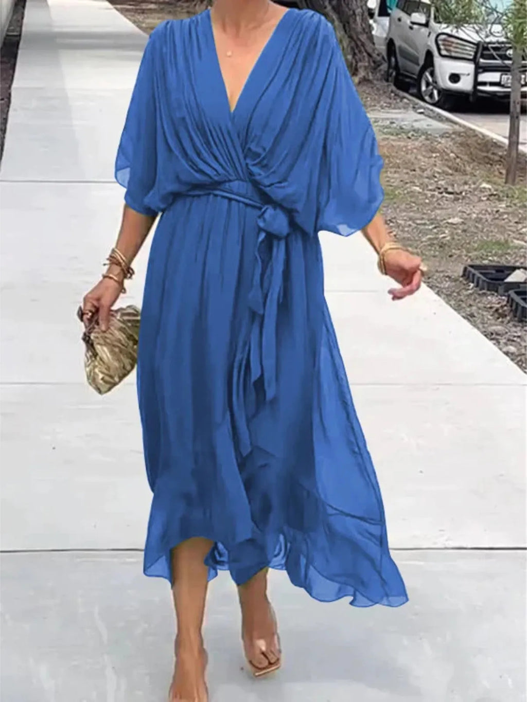 Flowy Tie Front Midi Dress with Flutter Sleeves by Shopiebay
