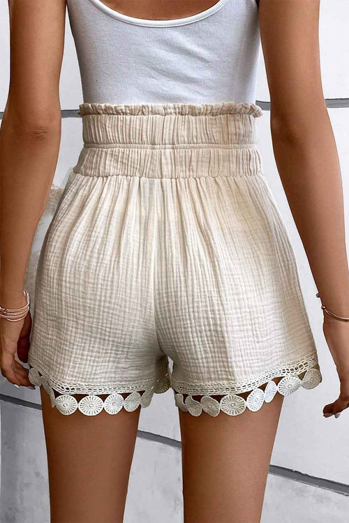 Apricot Textured Frilled Knotted High Waist Lace Hem Shorts by Wild and Free Boutique
