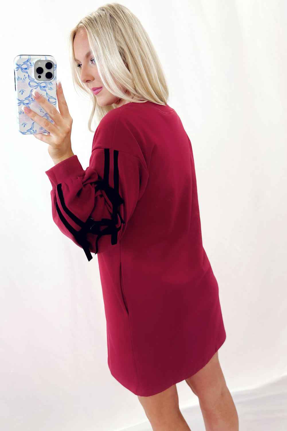 Racing Red Contrast Striped Bow Detail Drop Shoulder Sweatshirt Dress with Pockets