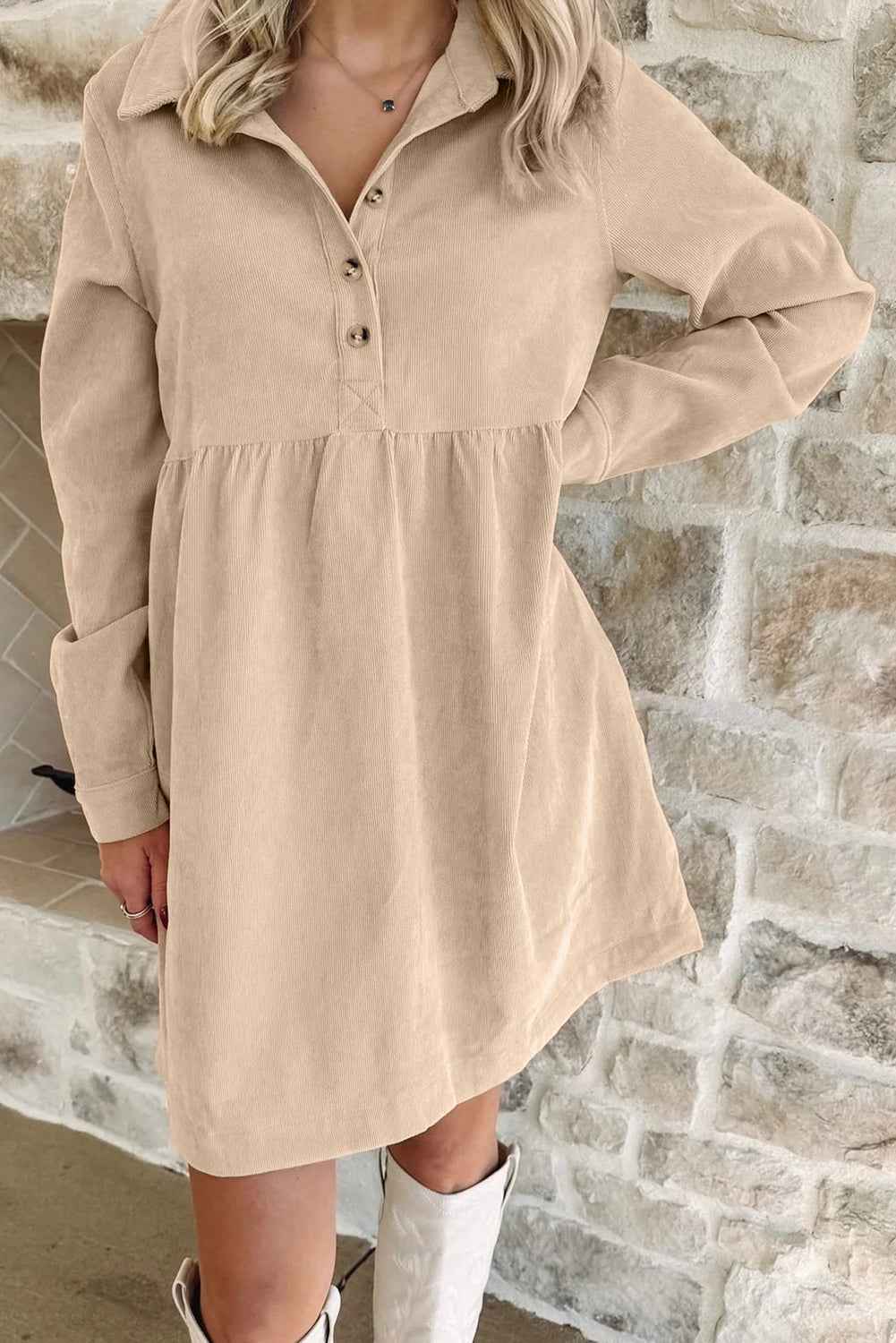 Oatmeal Corduroy Half Button Collared Long Sleeve Mini Dress