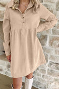 Oatmeal Corduroy Half Button Collared Long Sleeve Mini Dress