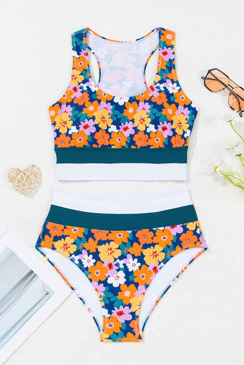 Green Floral Print Racerback High Waist Bikini Swimwear