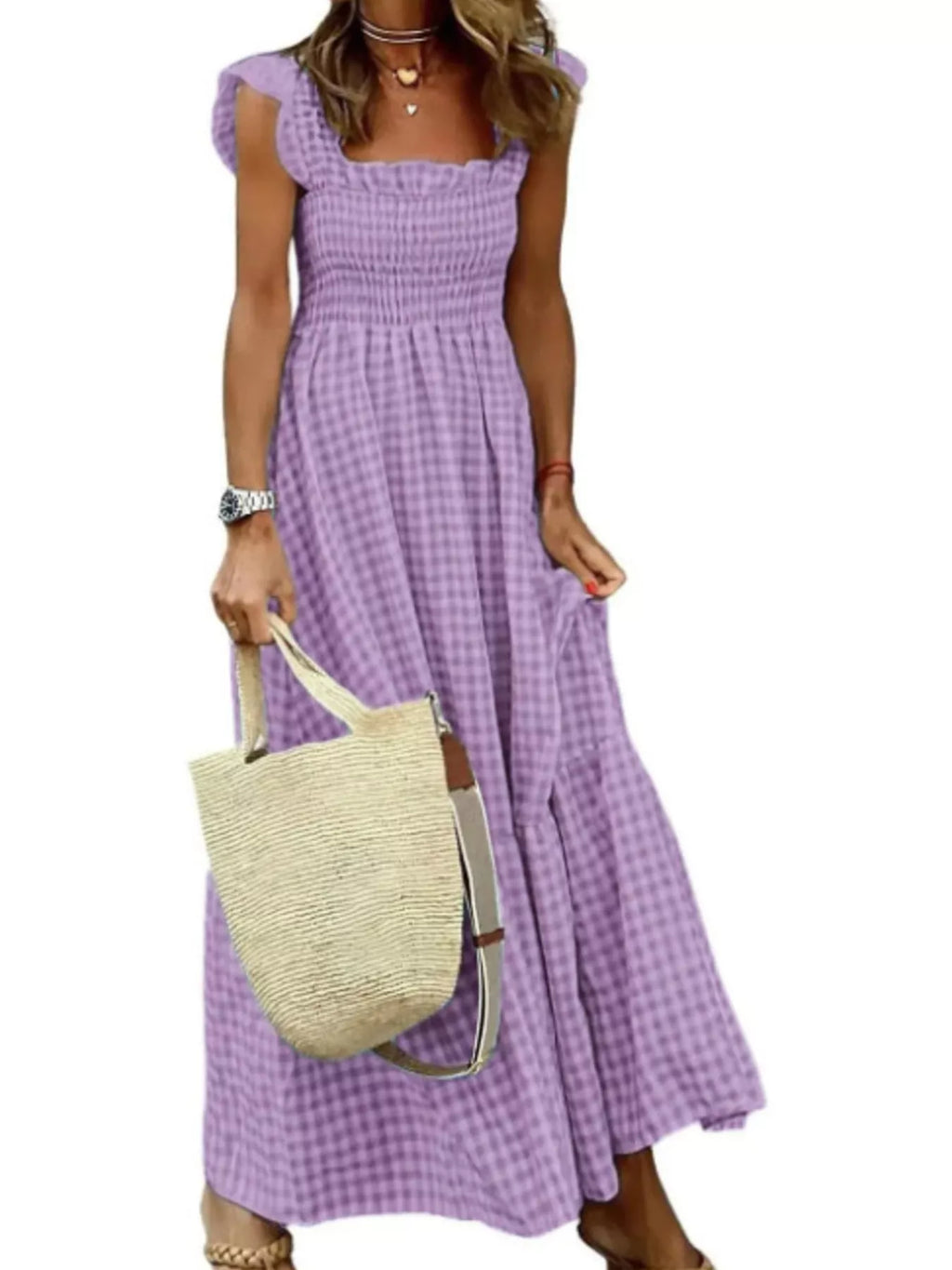 Gingham Smocked Ruffle Maxi Dress by Shopiebay