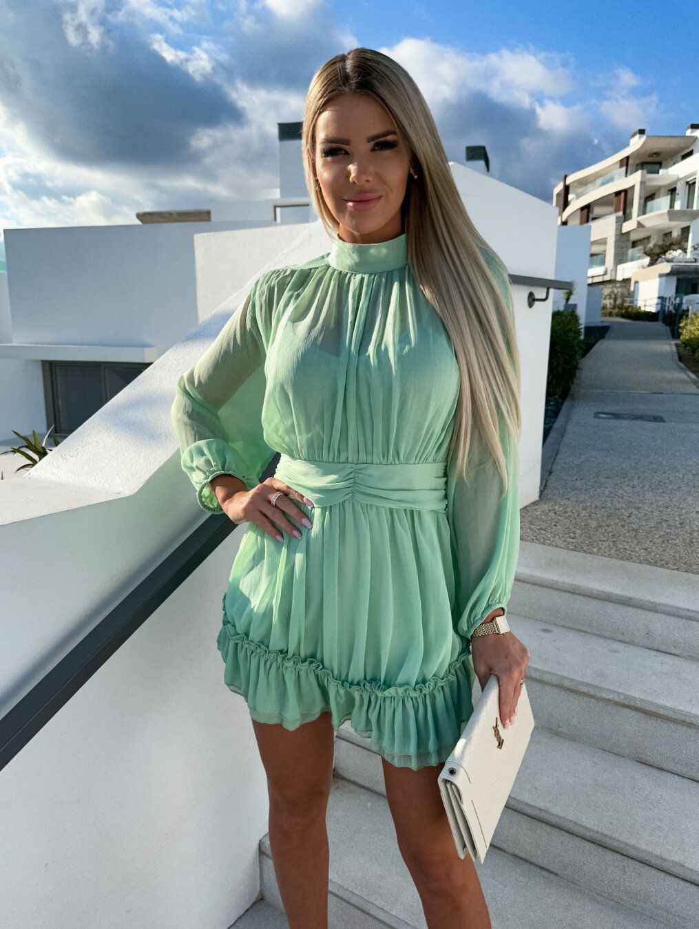 Women's Solid Color Chiffon Waist Shirring Dress