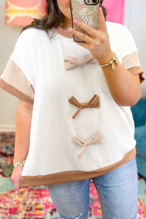 Apricot Bowknot Applique Plus Size Ribbed Top by Wild and Free Boutique