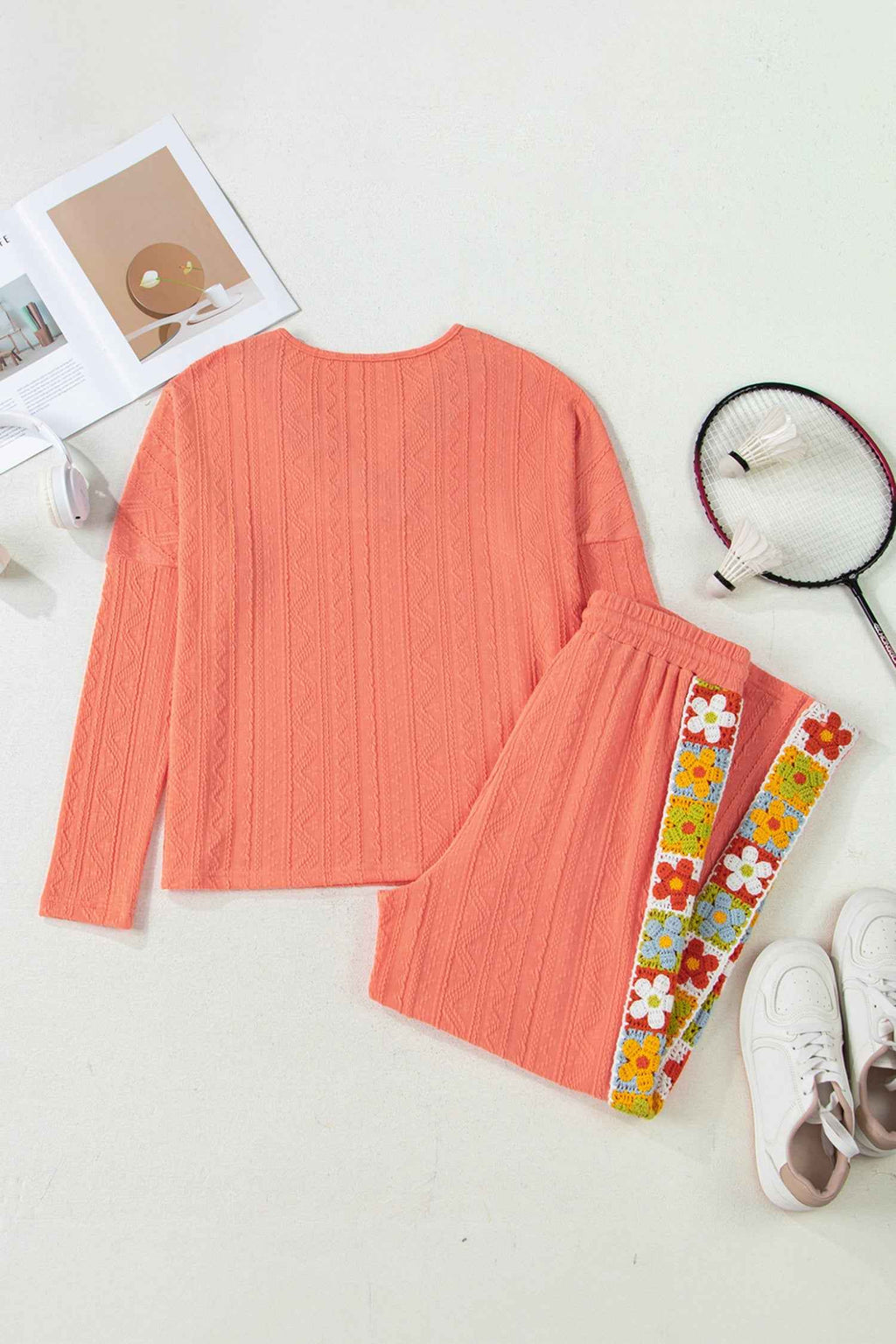 Grapefruit Orange Crochet Floral Accent V Neck Textured Pants Set