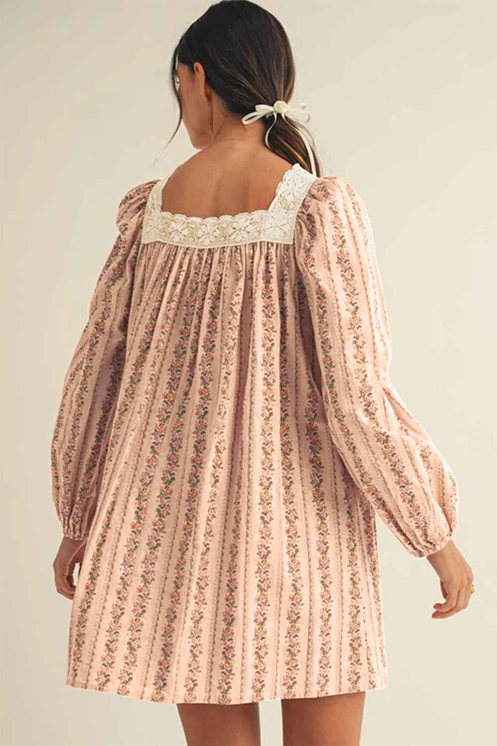 Khaki Floral Print Contrast Velvet Bow Lace Patchwork Long Sleeve Loose Mini Dress