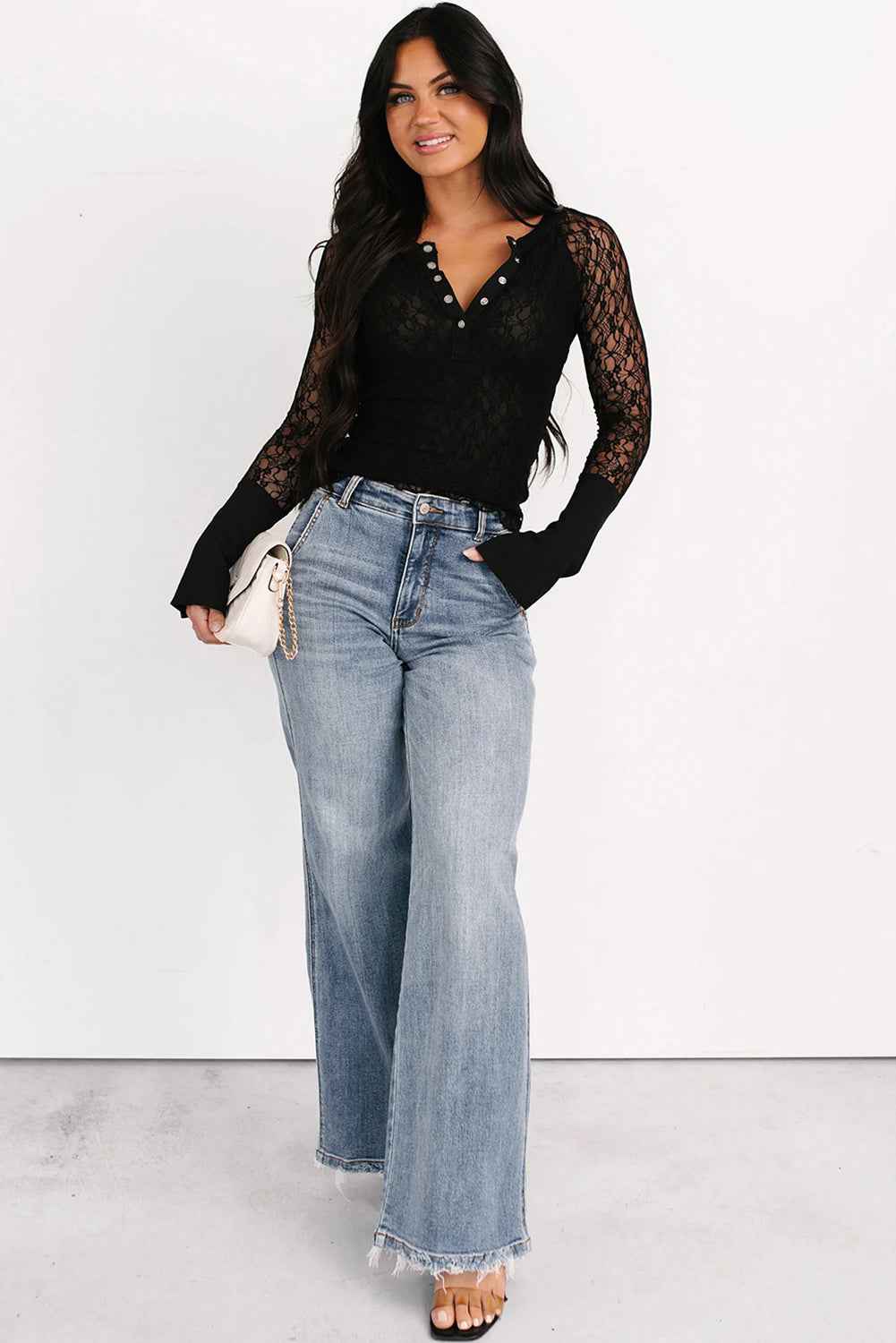 Black Sheer Lace Long Sleeve Slim Henley Top