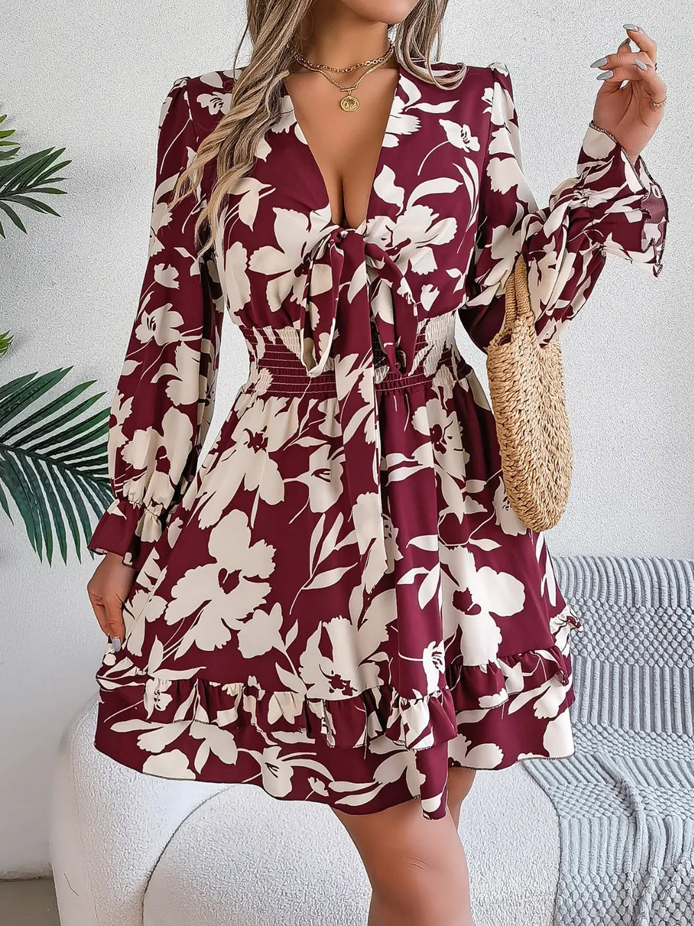 Tied Ruffled Printed Long Sleeve Dress by Shopiebay