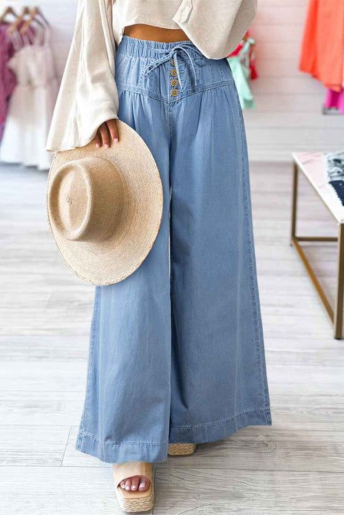 Beau Blue Mineral Wash Button Fly Waist Wide Leg Jeans by Wild and Free Boutique
