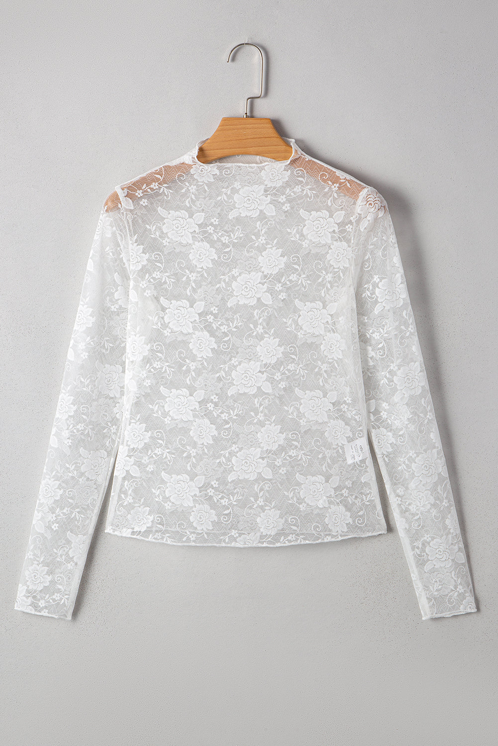 Apricot Pink Mock Neck Floral Lace Mesh Long Sleeve Top
