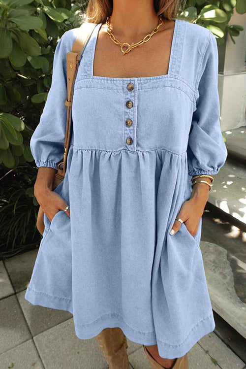 Beau Blue Denim Button Detail Babydoll Square Neck Mini Dress by Wild and Free Boutique