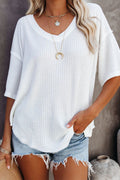 Rose Exposed Seam Drop Sleeve V Neck Waffle Textured Top by Wild and Free Boutique