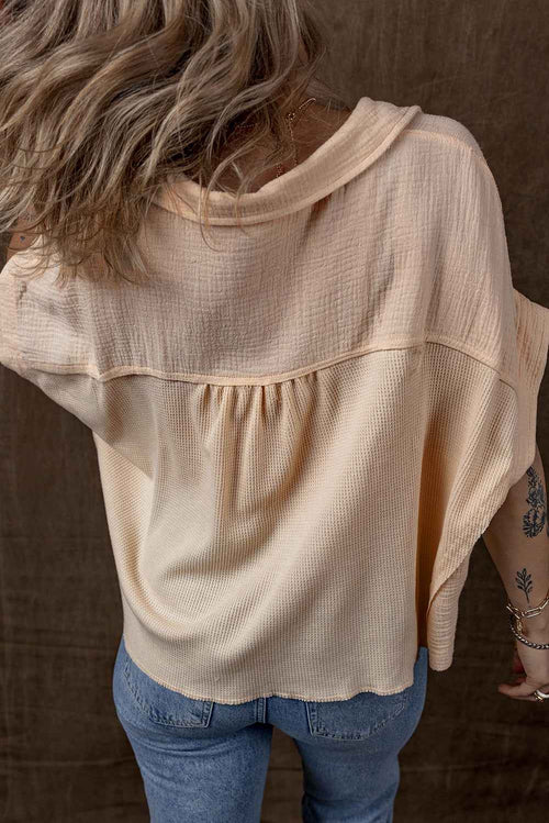 Beige Waffle Splicing Short Batwing Sleeve Flap Detail Shirt by Wild and Free Boutique