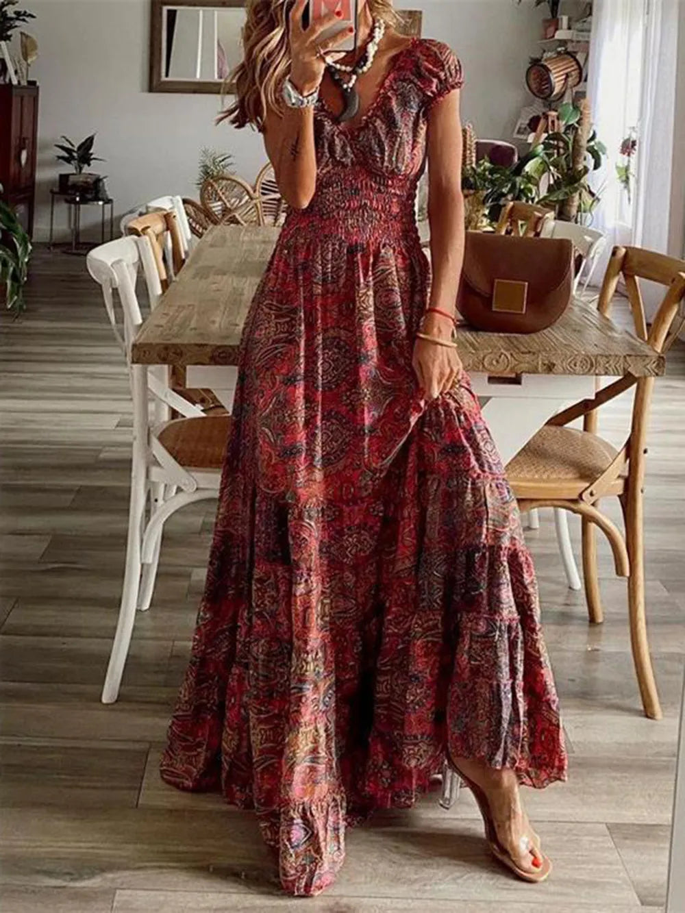 Smocked Printed V-Neck Short Sleeve Dress by Shopiebay