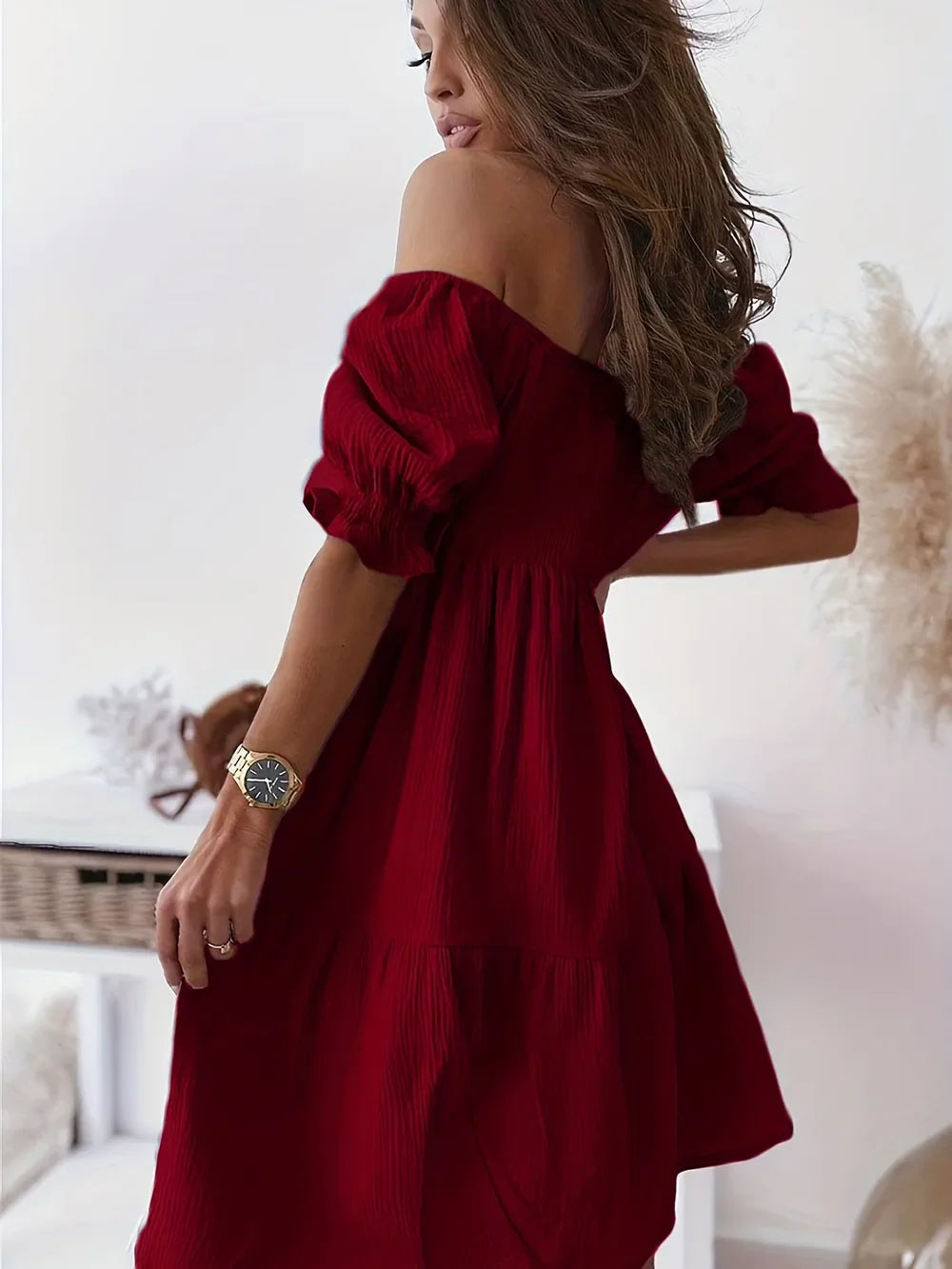 Ruffled Off-Shoulder Short Sleeve Dress by Shopiebay