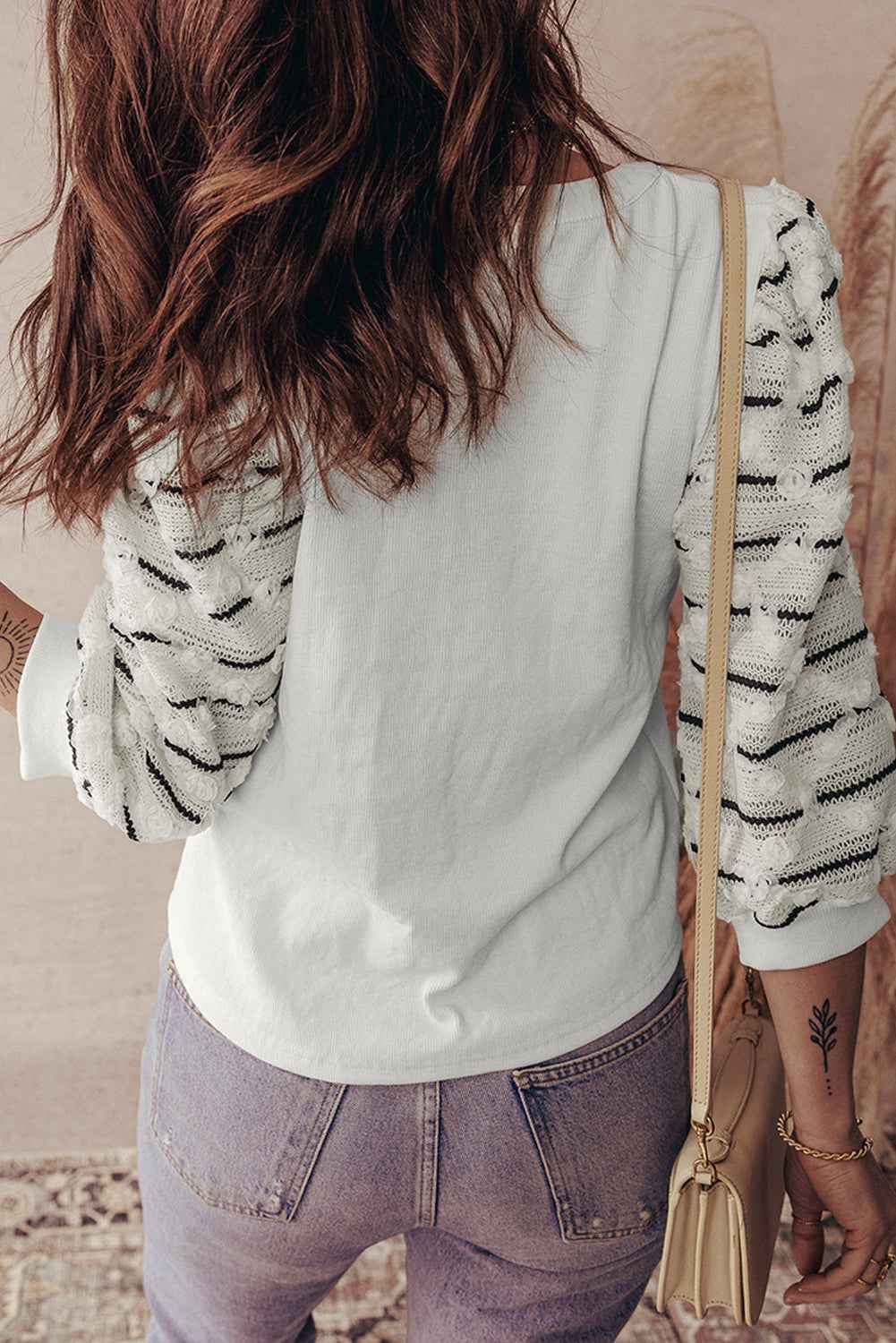 White Button Placket 3/4 Striped Sleeve Patchwork Rib Knit Top