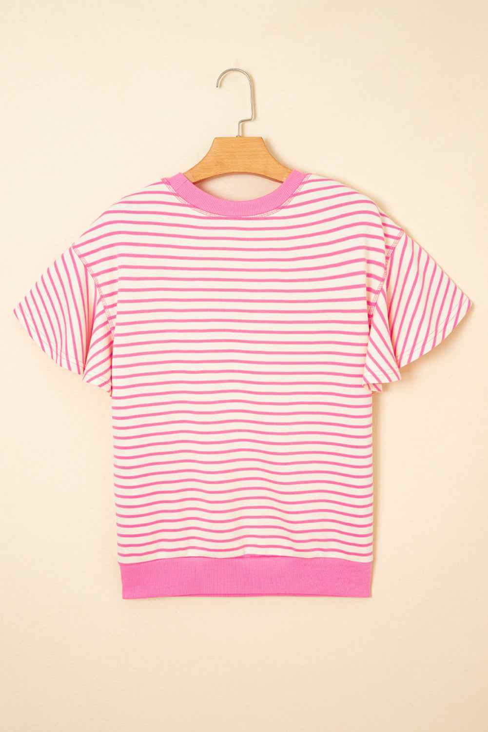 Sachet Pink Contrast Detail Striped Ruffle Short Sleeve Top
